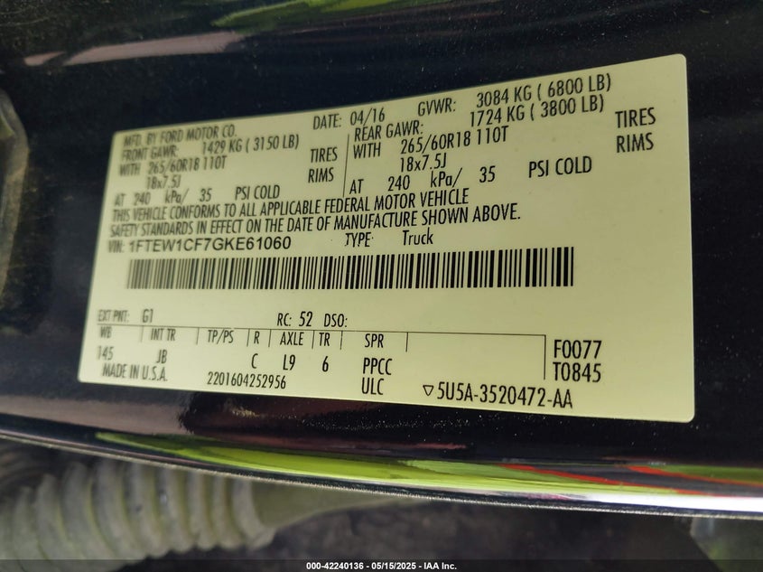 2016 FORD F-150 VIN: 1FTEW1CF7GKE61060