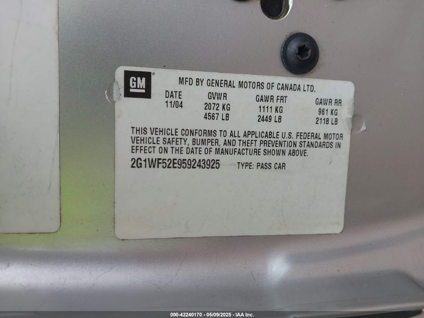 2005 Chevrolet Impala VIN: 2G1WF52E959243925 Lot: 42240170