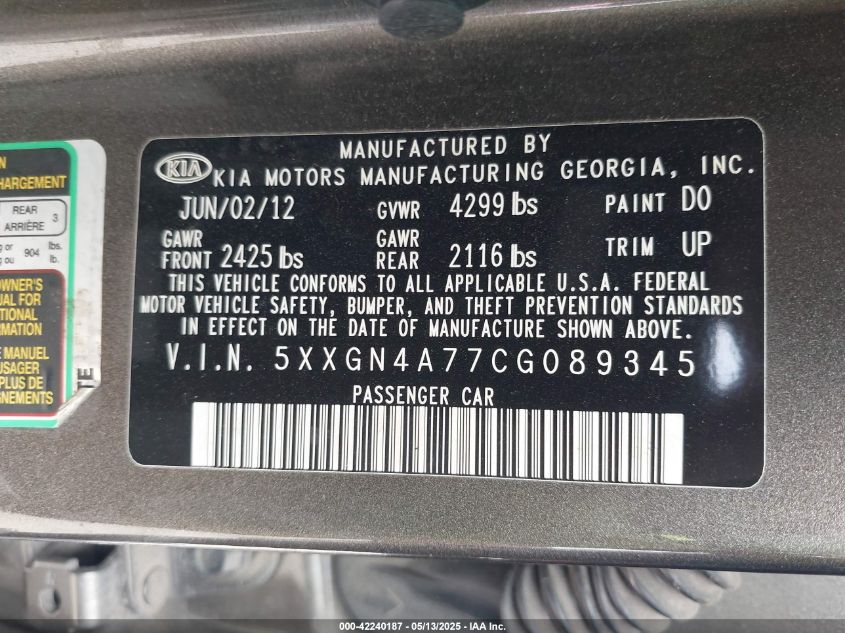 2012 Kia Optima Ex VIN: 5XXGN4A77CG089345 Lot: 42240187