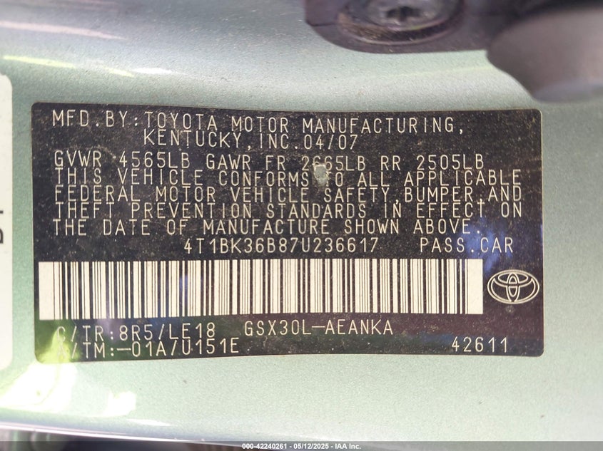 2007 TOYOTA AVALON VIN: 4T1BK36B87U236617