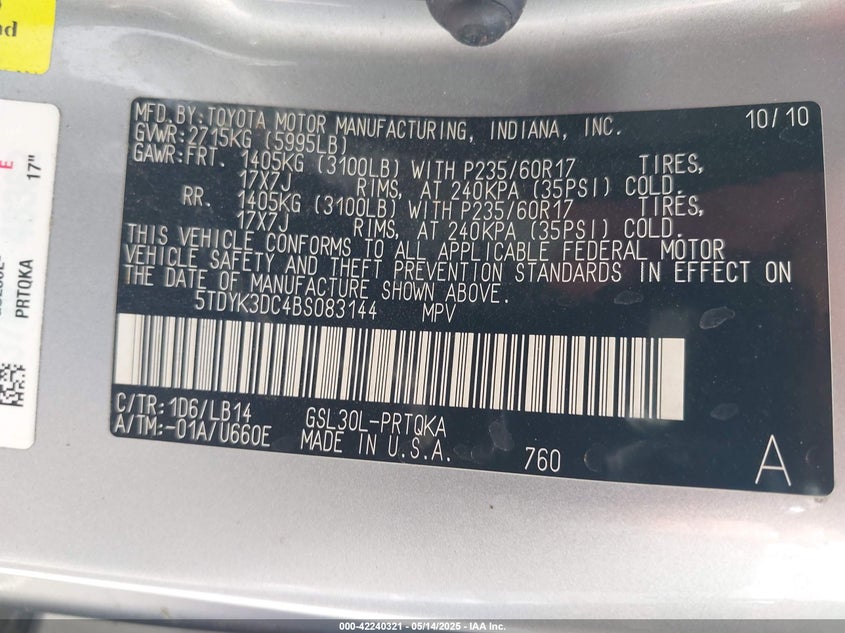 2011 TOYOTA SIENNA VIN: 5TDYK3DC4BS083144