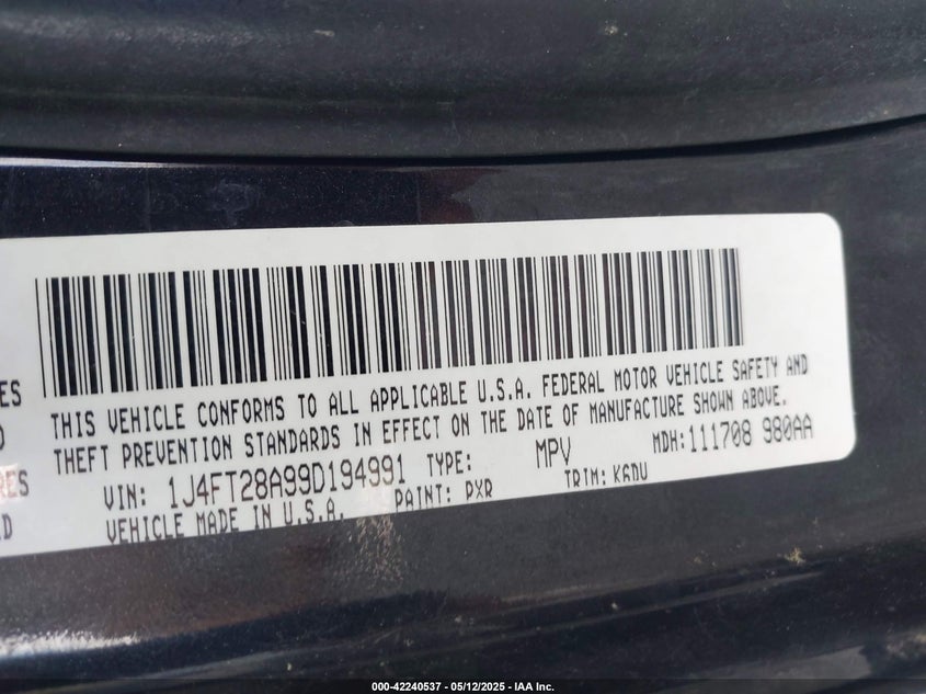 2009 JEEP PATRIOT VIN: 1J4FT28A99D194991