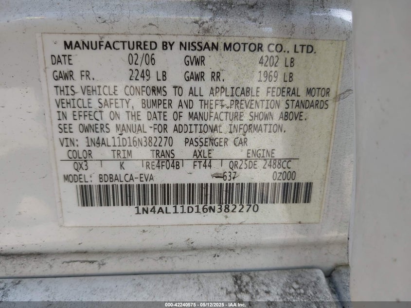 2006 NISSAN ALTIMA VIN: 1N4AL11D16N382270