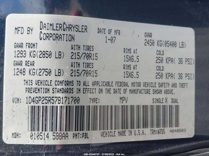 2007 DODGE CARAVAN VIN: 1D4GP25R57B171700