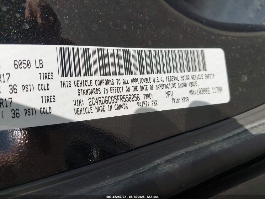 2015 Dodge Grand Caravan Sxt VIN: 2C4RDGCG5FR558258 Lot: 42240737