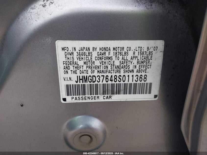 2008 HONDA FIT VIN: JHMGD37648S011368