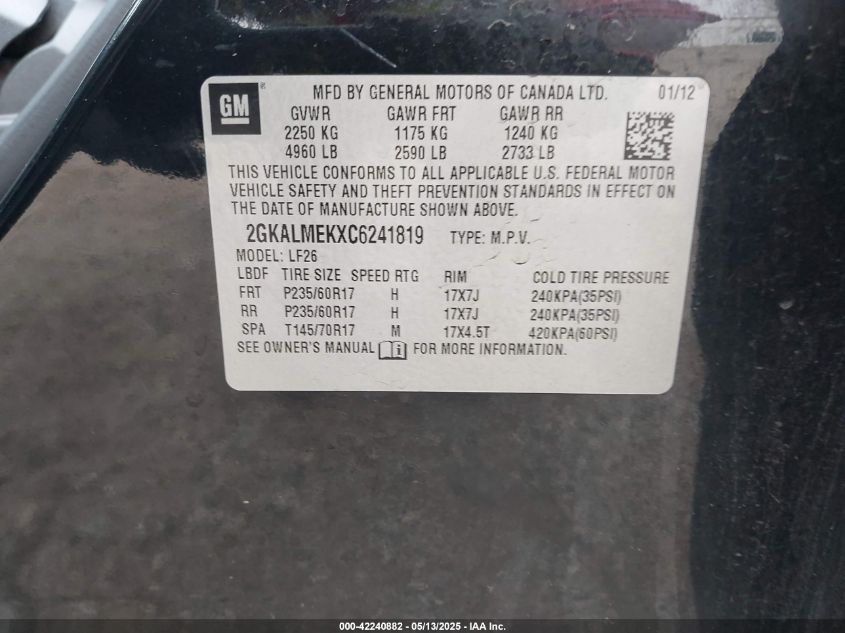 2012 GMC Terrain Sle-1 VIN: 2GKALMEKXC6241819 Lot: 42240882