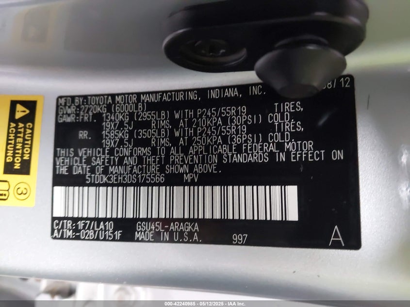 2013 TOYOTA HIGHLANDER VIN: 5TDDK3EH3DS175566