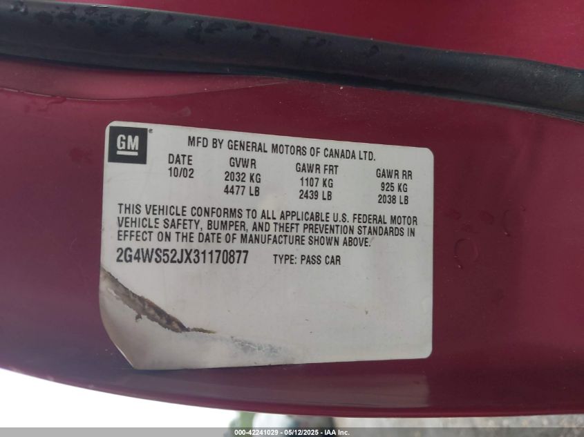 2003 Buick Century Custom VIN: 2G4WS52JX31170877 Lot: 42241029