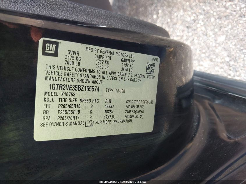 2011 GMC Sierra 1500 Sle VIN: 1GTR2VE35BZ165574 Lot: 42241050