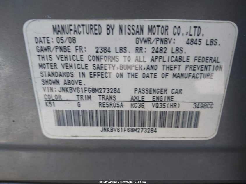 2008 INFINITI G35X VIN: JNKBV61F68M273284