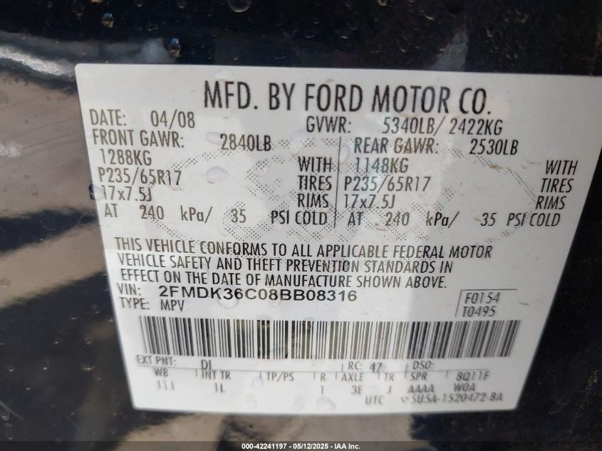 2008 Ford Edge Se VIN: 2FMDK36C08BB08316 Lot: 42241197