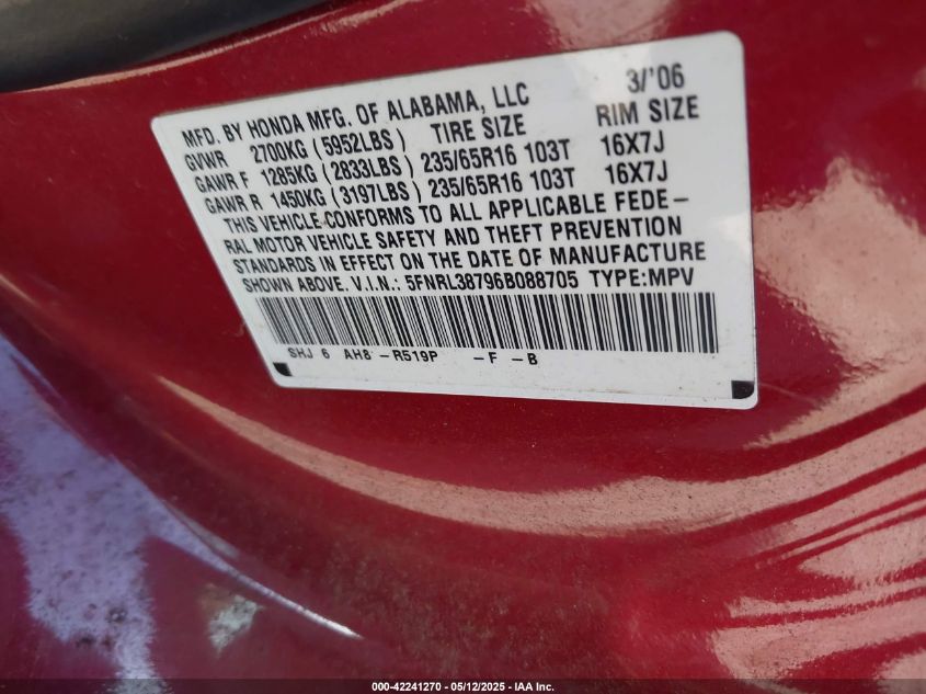 2006 Honda Odyssey Ex-L VIN: 5FNRL38796B088705 Lot: 42241270