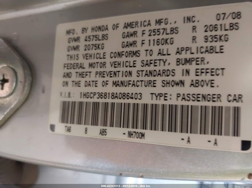 2008 HONDA ACCORD VIN: 1HGCP36818A086403