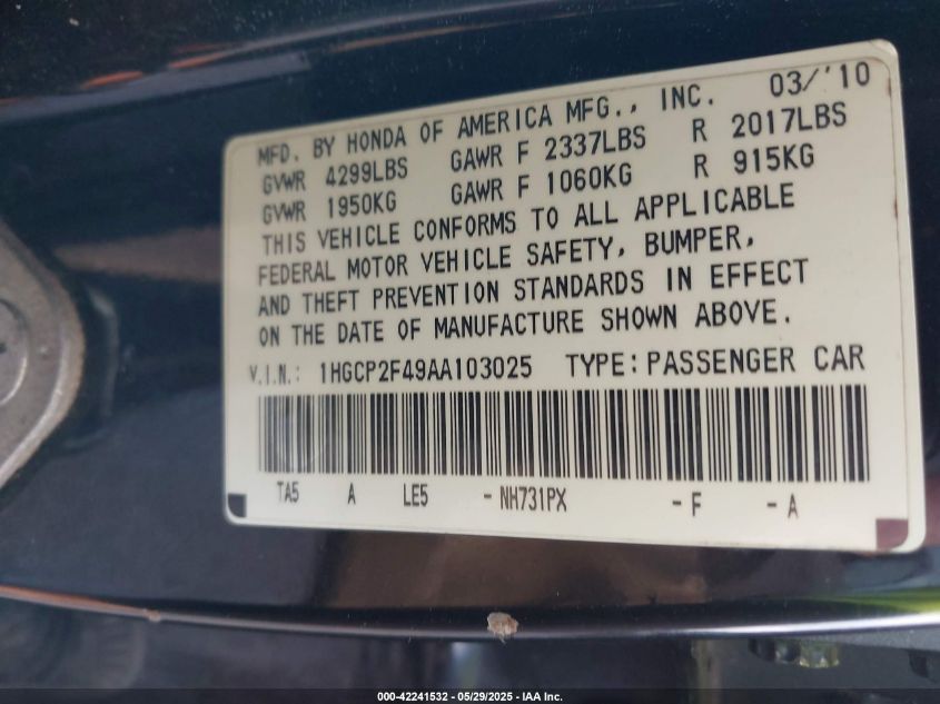 2010 Honda Accord 2.4 Lx-P VIN: 1HGCP2F49AA103025 Lot: 42241532