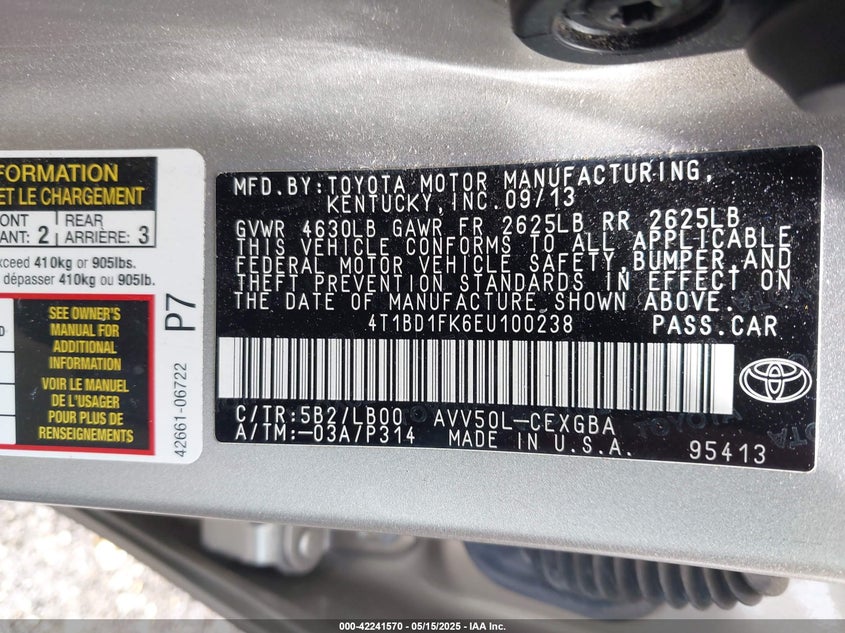 2014 TOYOTA CAMRY HYBRID XLE - 4T1BD1FK6EU100238