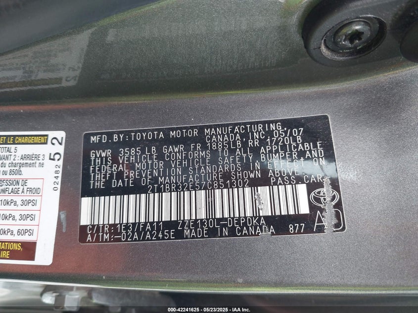 2007 TOYOTA COROLLA VIN: 2T1BR32E57C851302