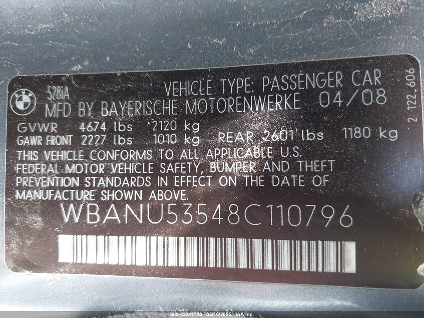 2008 BMW 528I VIN: WBANU53548C110796
