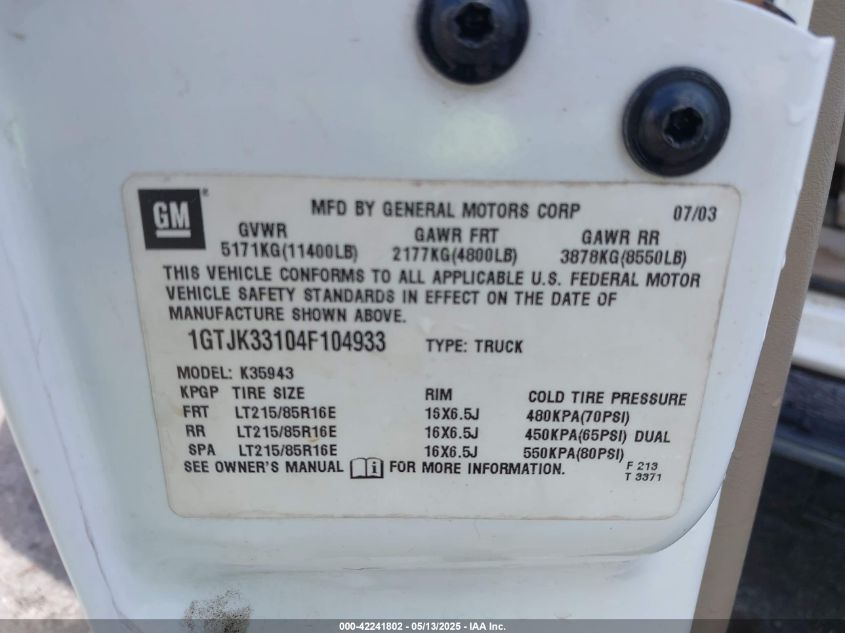 2004 GMC Sierra 3500 Slt VIN: 1GTJK33104F104933 Lot: 42241802