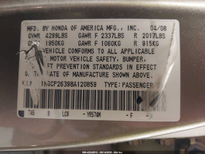 2008 Honda Accord 2.4 Lx VIN: 1HGCP26398A120859 Lot: 42242012