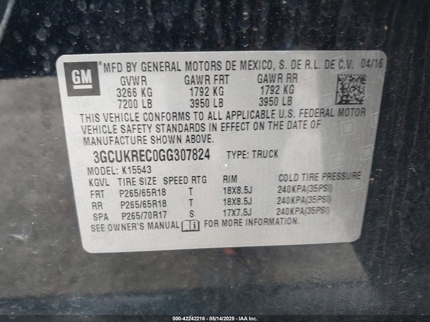 2016 CHEVROLET SILVERADO 1500 VIN: 3GCUKREC0GG307824