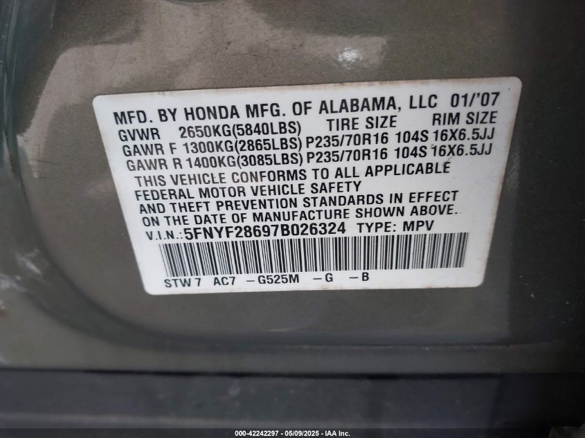 2007 Honda Pilot Ex-L VIN: 5FNYF28697B026324 Lot: 42242297