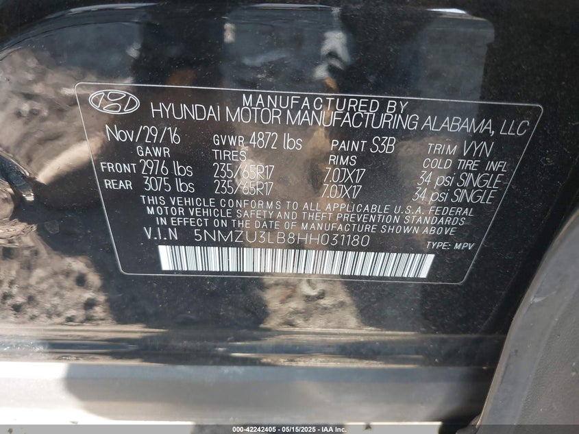 2017 HYUNDAI SANTA FE SPORT - 5NMZU3LB8HH031180