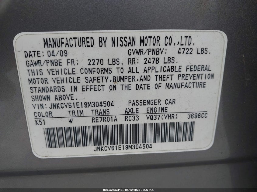 2009 INFINITI G37 VIN: JNKCV61E19M304504