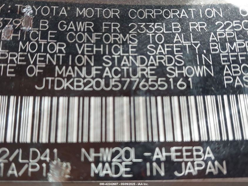 2007 Toyota Prius Touring VIN: JTDKB20U577655161 Lot: 42242607