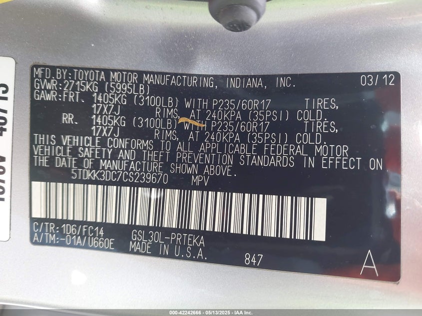 2012 TOYOTA SIENNA VIN: 5TDKK3DC7CS239670