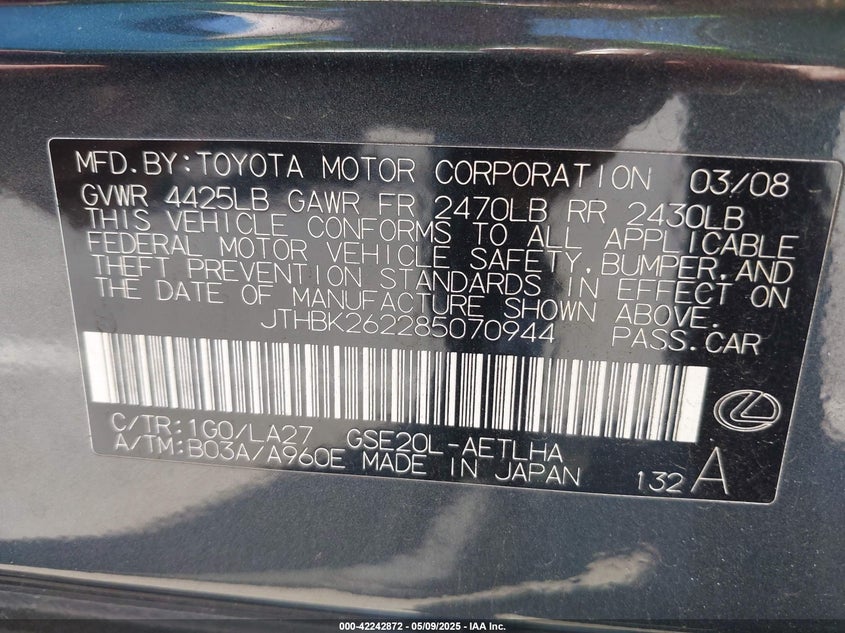 2008 LEXUS IS 250 VIN: JTHBK262285070944