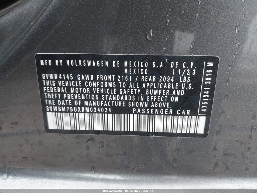 2024 VOLKSWAGEN JETTA VIN: 3VWBM7BUXRM034024