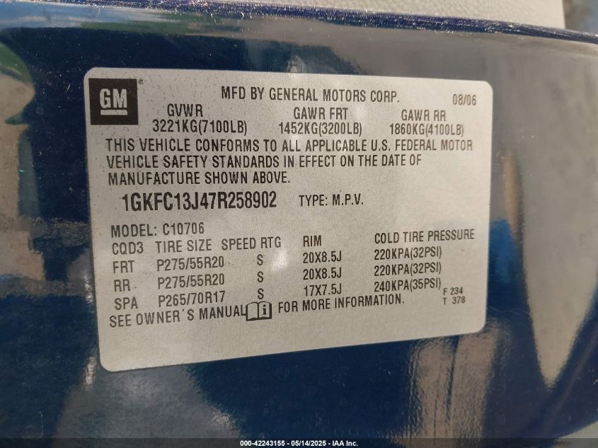 2007 GMC Yukon Sle VIN: 1GKFC13J47R258902 Lot: 42243155