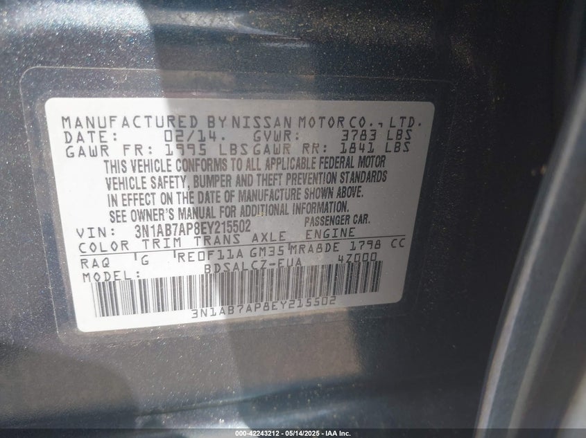 2014 NISSAN SENTRA VIN: 3N1AB7AP8EY215502