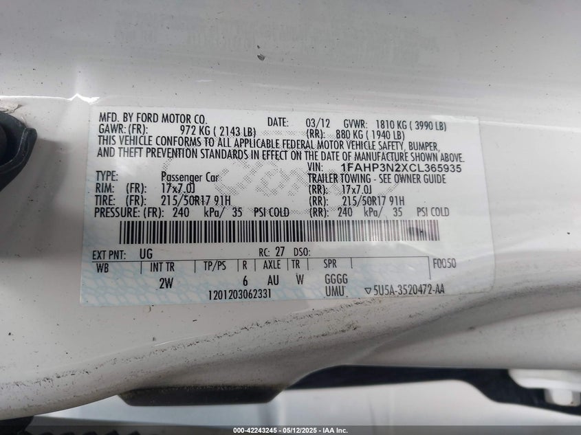 2012 FORD FOCUS VIN: 1FAHP3N2XCL365935