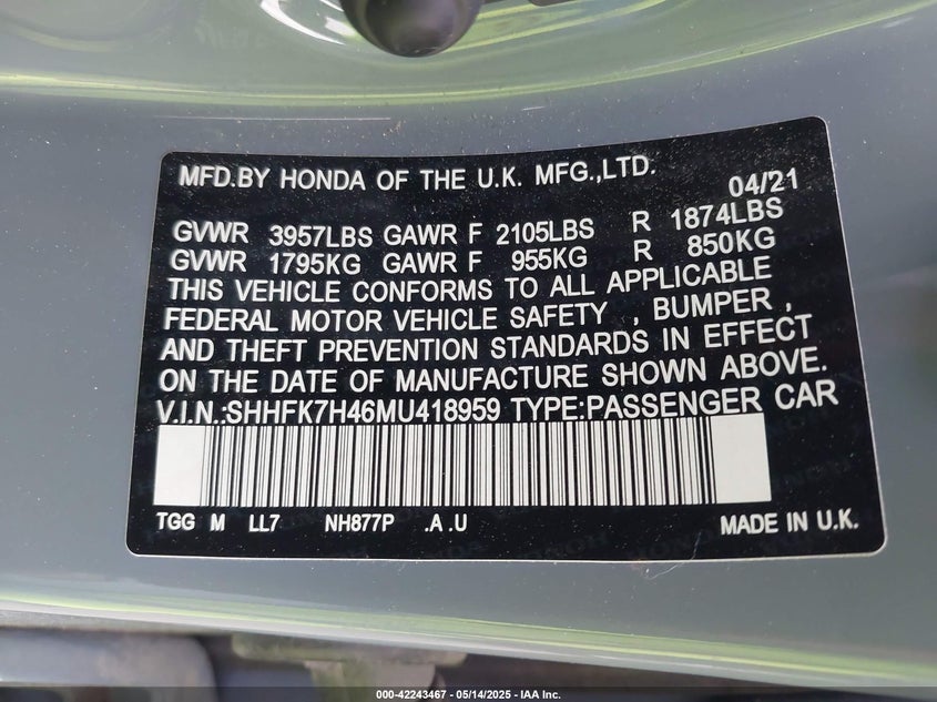 2021 HONDA CIVIC SPORT - SHHFK7H46MU418959