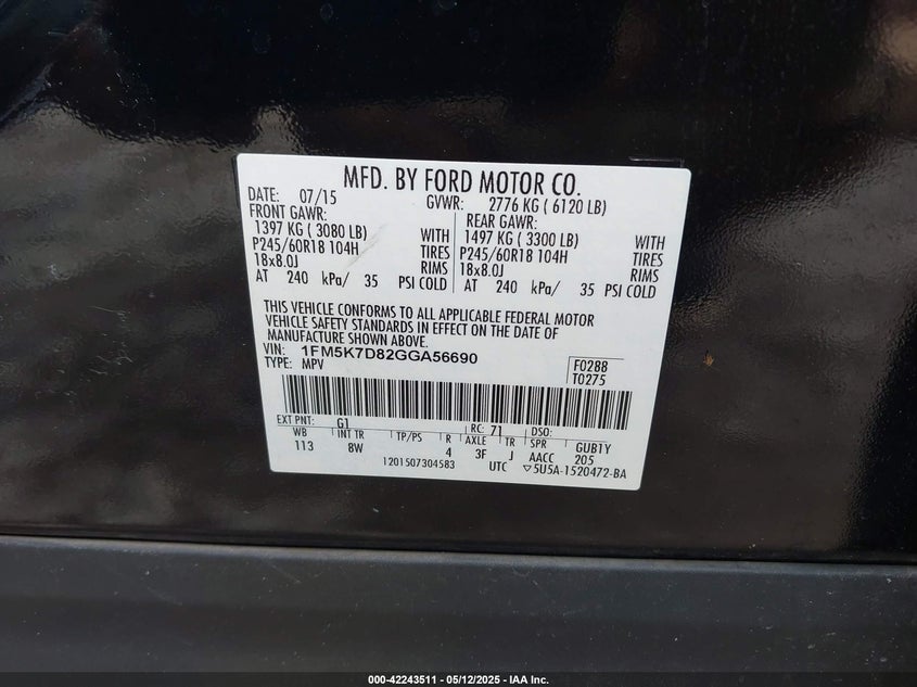 2016 FORD EXPLORER VIN: 1FM5K7D82GGA56690