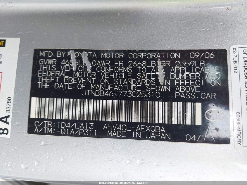 2007 TOYOTA CAMRY HYBRID VIN: JTNBB46K773025310