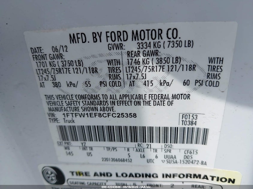 2012 FORD F-150 VIN: 1FTFW1EF8CFC25358