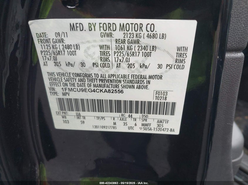 2012 FORD ESCAPE VIN: 1FMCU9EG4CKA82556