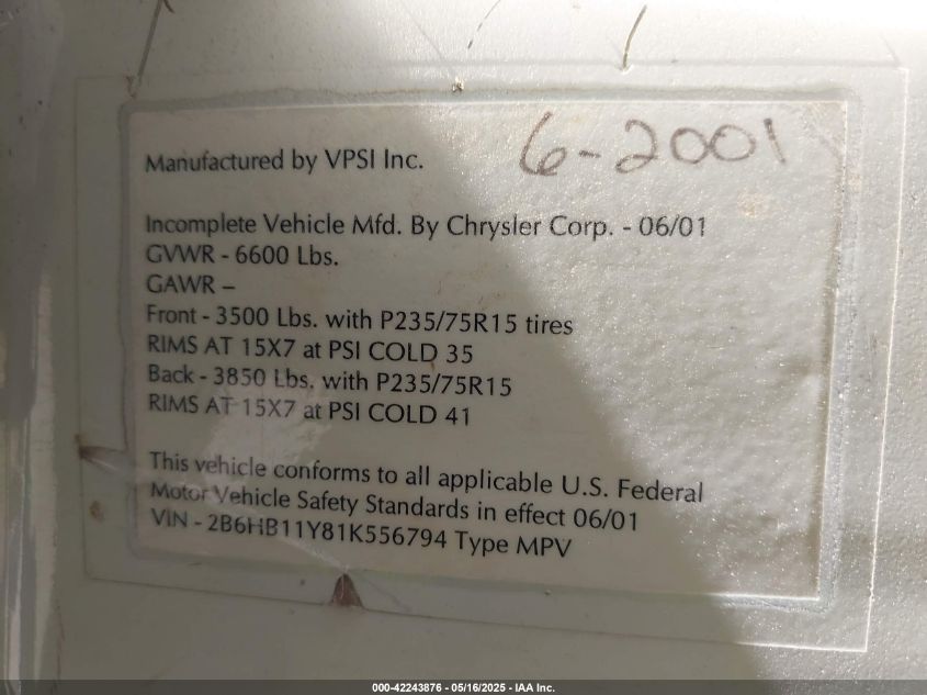 2001 Dodge Ram Van 1500 Conversion VIN: 2B6HB11Y81K556794 Lot: 42243876
