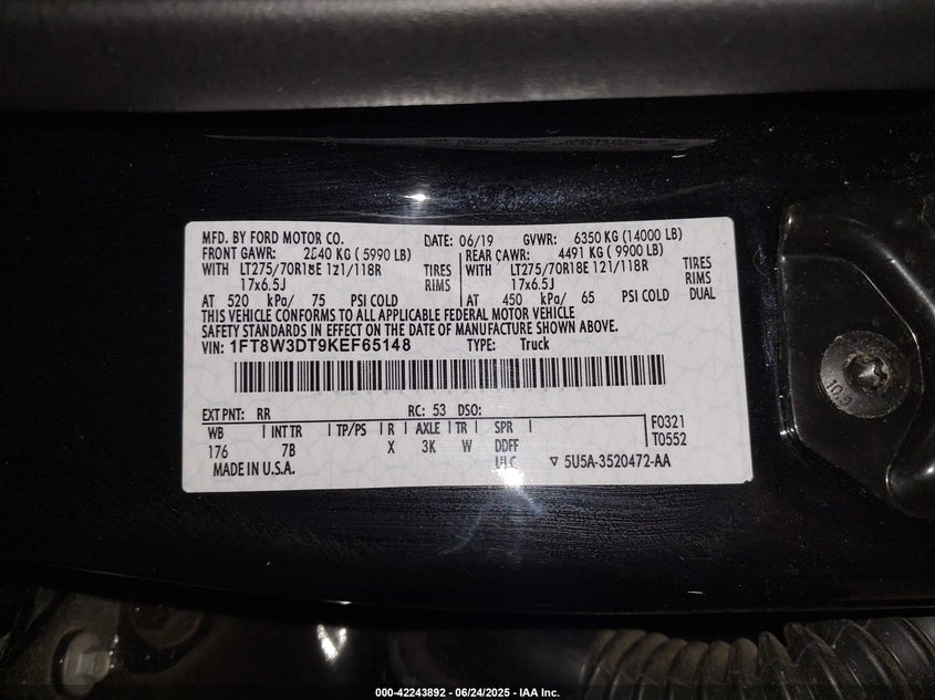 2019 Ford F-350 Platinum VIN: 1FT8W3DT9KEF65134 Lot: 42243892