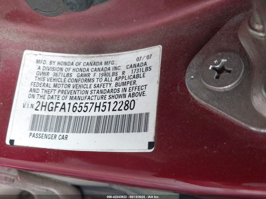 2007 Honda Civic Lx VIN: 2HGFA16557H512280 Lot: 42243922