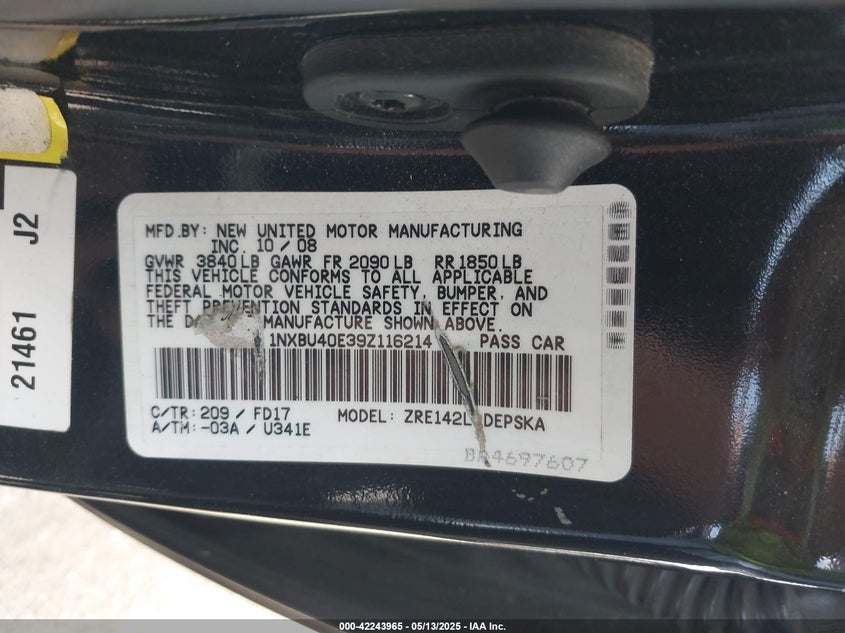 2009 TOYOTA COROLLA VIN: 1NXBU40E39Z116214