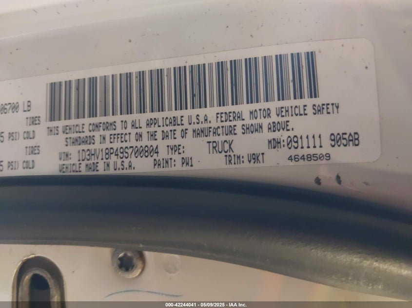 2009 DODGE RAM 1500 VIN: 1D3HV18P49S700804