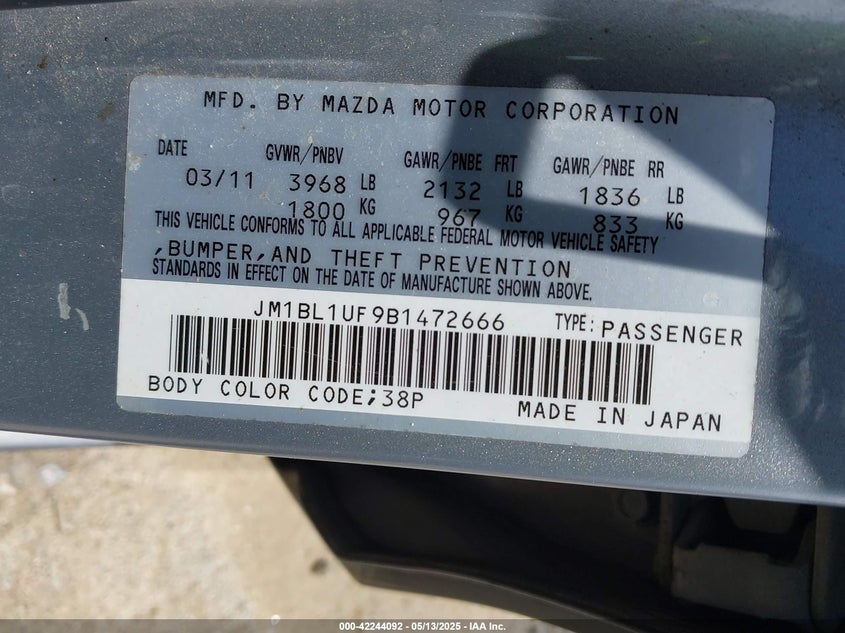 2011 MAZDA 3 VIN: JM1BL1UF9B1472666