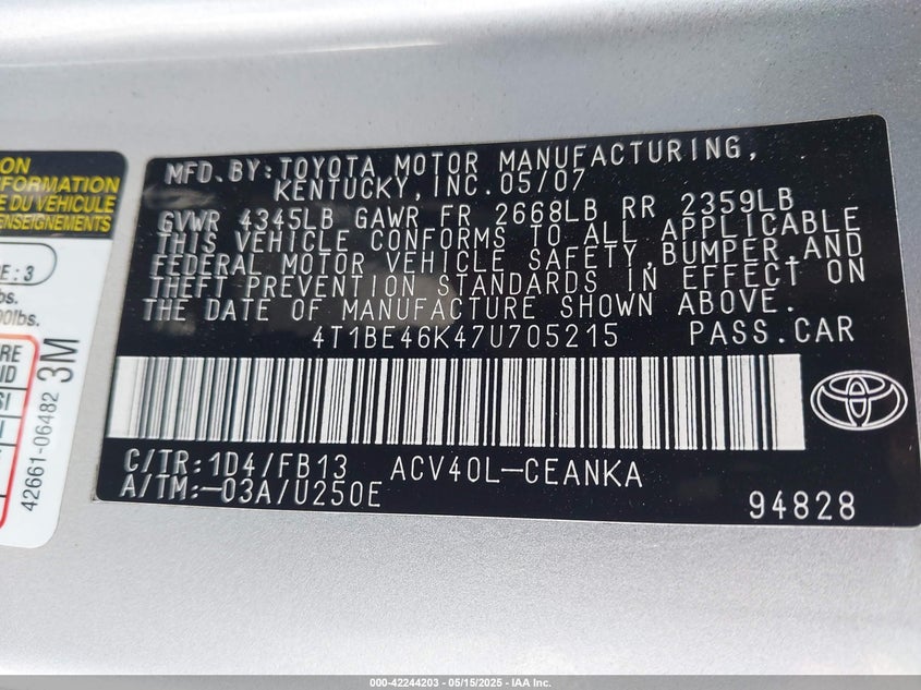 2007 TOYOTA CAMRY VIN: 4T1BE46K47U705215