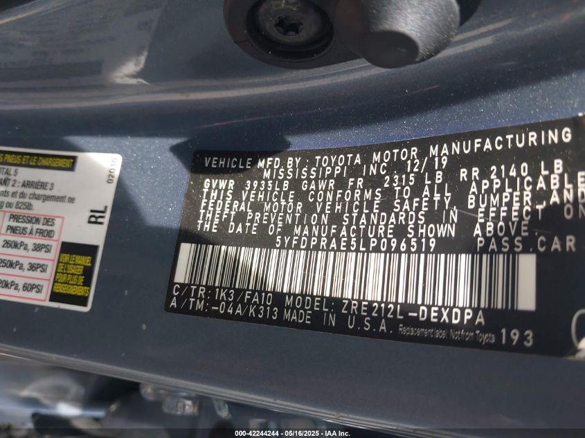 2020 Toyota Corolla L VIN: 5YFDPRAE5LP096519 Lot: 42244244