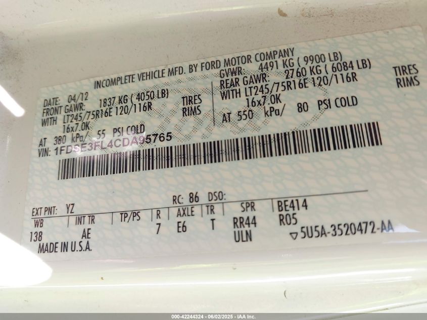 2012 Ford E-350 Cutaway VIN: 1FDSE3FL4CDA95765 Lot: 42244324