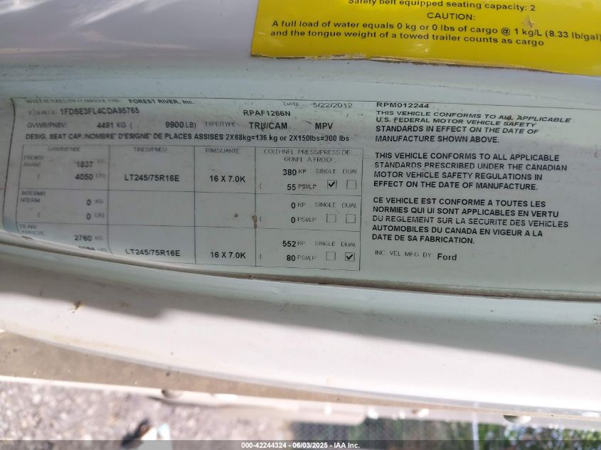 2012 Ford E-350 Cutaway VIN: 1FDSE3FL4CDA95765 Lot: 42244324